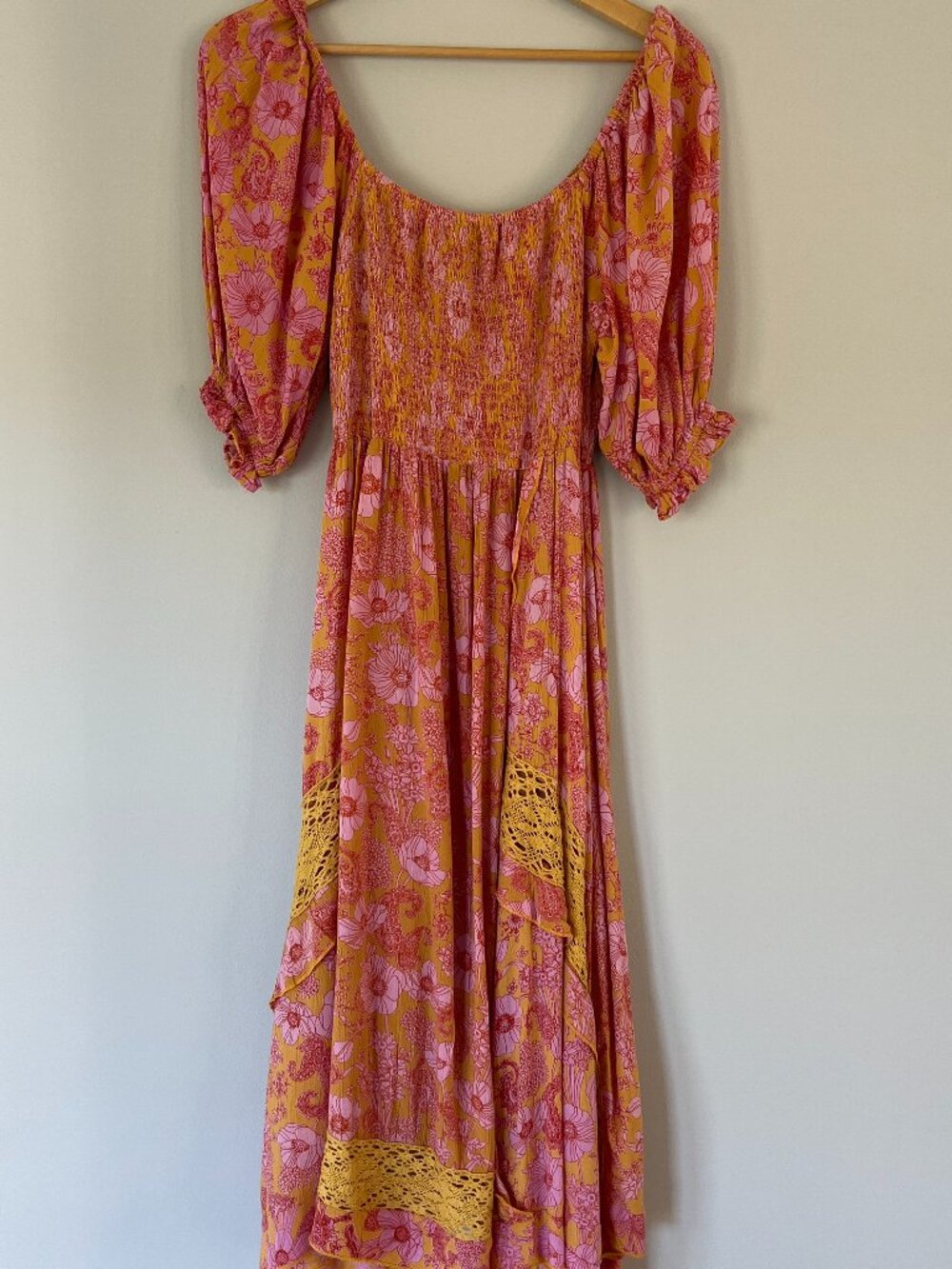 Angie Pink & Orange Floral Smocked Handkerchief Midi Dress Large Boho Crochet